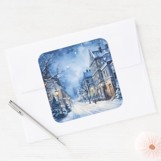 Kerst Village Scene Blauw Vierkante Sticker (Envelop)