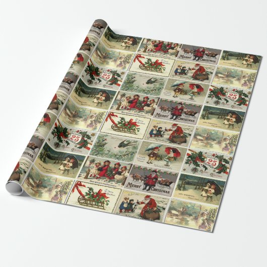 Kerst Vintage Kaarten Kerstman Collage Cadeaupapier (Uitgerold)