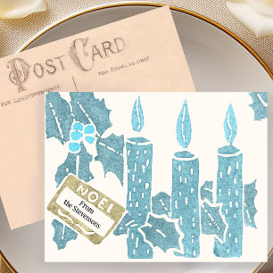 Kerst Vintage Linoleumdruk Blauwe Kaarsen Briefkaart