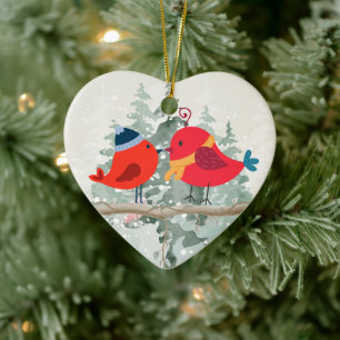 Kerst Vogel Koppel- Keramische Hart Ornament