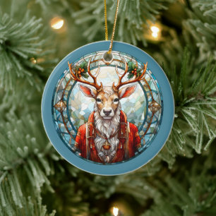 Kerst voor papa herten hoofd gewei rood blauw keramisch ornament