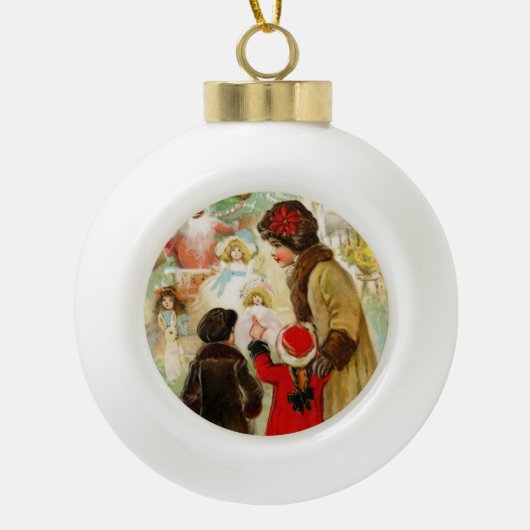 Kerst Vrouw & kinderen etalage winkelen Keramische Bal Ornament (Voorkant)