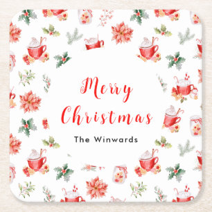 Kerst warm drank en rode poinsettia's vierkante kartonnen onderzetter