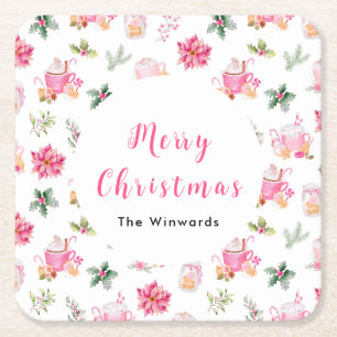 Kerst warm drank en roze poinsettia's vierkante kartonnen onderzetter