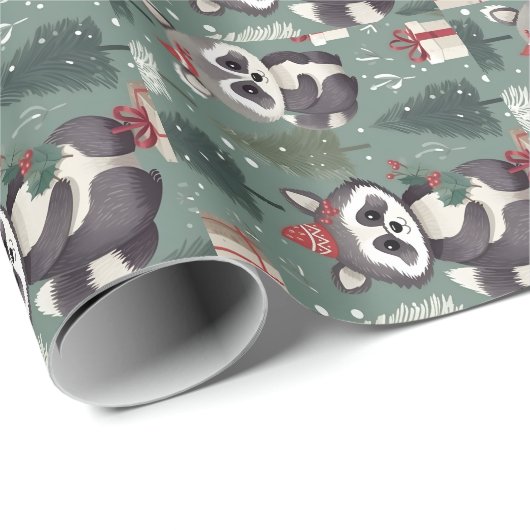 Kerst wasbeer patroon cadeaupapier (Rol Hoek)