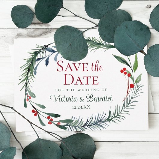 Kerst Watercolor Dennentakken Save the Date Kaart