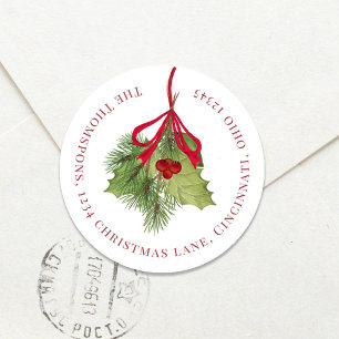 Kerst Watercolor Hulst Bessen Retouradres Ronde Sticker