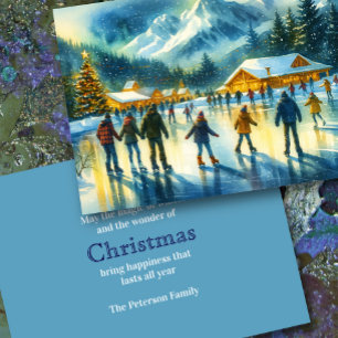 Kerst Watercolor Resort Schaatsen Feestdagen Kaart