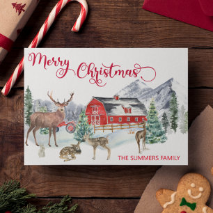 Kerst Watercolor Winter Schuur Bosland Herten Feestdagenkaart