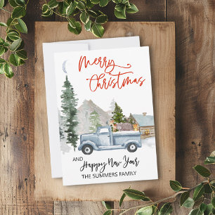 Kerst Watercolor Winter Vintage Vrachtwagen Bos Feestdagenkaart