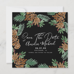 Kerst Waterverf Dennenzaden Zwart Save the Date Kaart