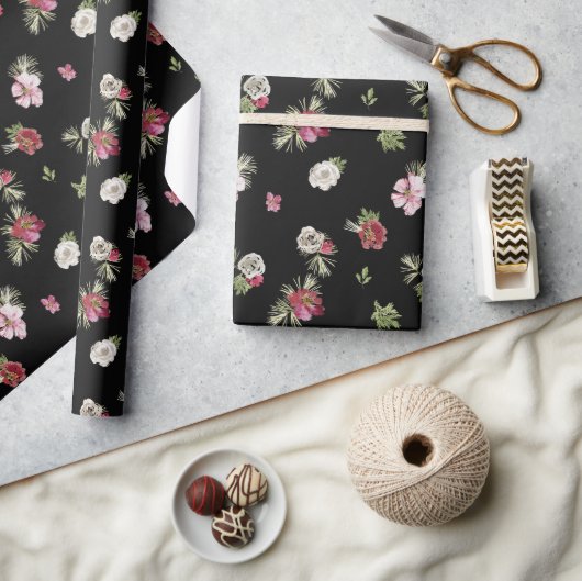 Kerst Waterverf Flower Black Cadeaupapier (Crafts)