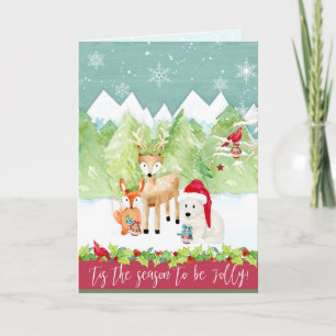 Kerst Waterverf Forest Deer Fox Beer Kardinaal Feestdagen Kaart
