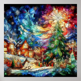 Kerst Waterverf Glas in lood Poster