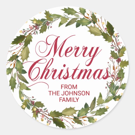 Kerst Waterverf Holly Wreath Gold Rood Wit Ronde Sticker (Voorkant)