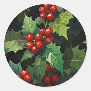 Kerst waterverf Hulst bes bladeren botanisch  Ronde Sticker