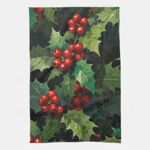 Kerst waterverf Hulst bes bladeren botanisch  Theedoek