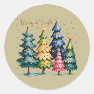 Kerst Waterverf Kerstbomen Roze Boom Ronde Sticker