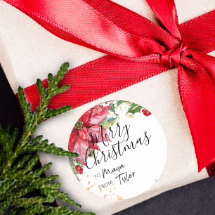 Kerst Waterverf Poinsettia VAN en VOOR Ronde Sticker