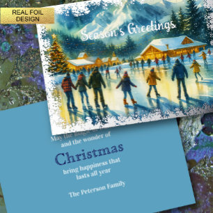 Kerst Waterverf Resort Schaatsen Folie Feestdagenkaart