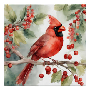 Kerst Waterverf Rode Kardinaal en Bessen Perfect Poster