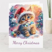 Kerst Waterverf van Kostbare Kitten met Boog