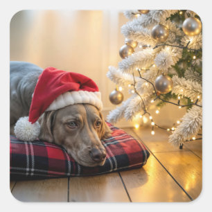Kerst Weimaraner Hond Naast een Boom Vierkante Sticker