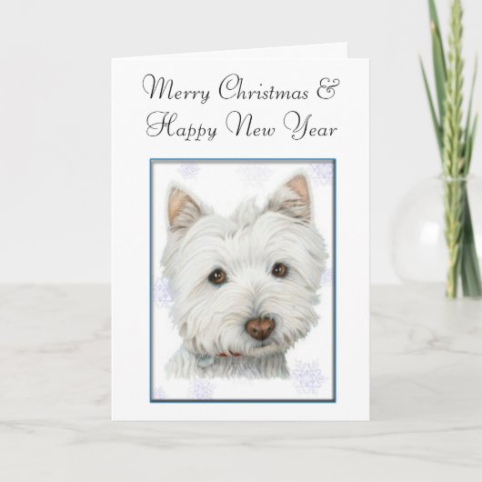 Kerst Wenskaart, met Schattigee Westie Dog Feestdagen Kaart (Voorkant)