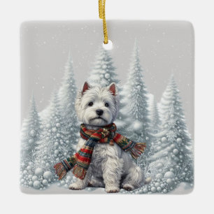Kerst Westie met besneeuwde bomen ornament