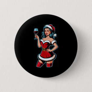 Kerst Wijn Kerstman Meisje Vakantie Feest Grappige Ronde Button 5,7 Cm