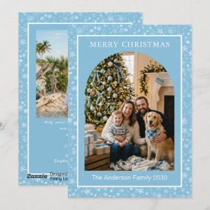 Kerst Winter Elegante Blauwe Sneeuwvlok Boog Foto Feestdagenkaart