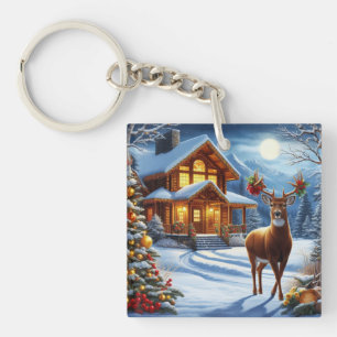 Kerst/Winter Herten Lodge Sleutelhanger