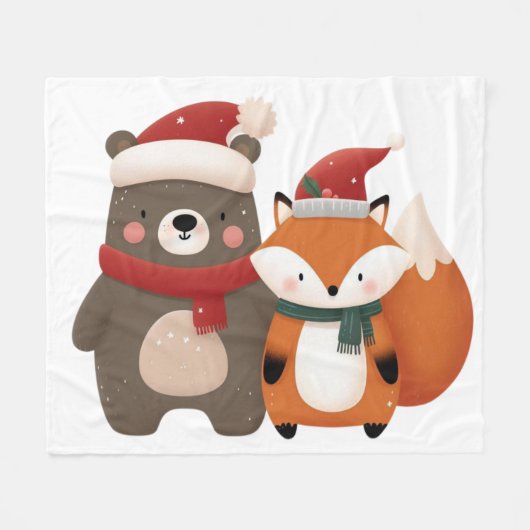 Kerst/Winter Schattige Beer & Fox Fleece Deken (Voorkant (Horizontaal))