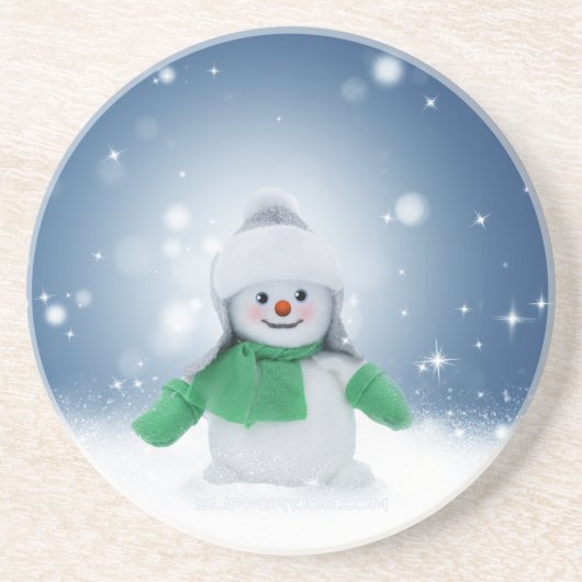 Kerst winter sneeuwpop SlipperyJoe groene sjaal Zandsteen Onderzetter (Voorkant)