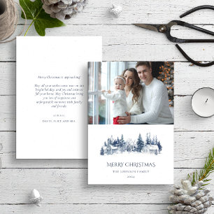 Kerst Winter Village Landschap Blauw Foto Feestdagenkaart