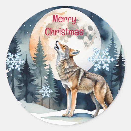 Kerst, Winter Wolf Snowy Forest Natuur Ronde Sticker (Voorkant)