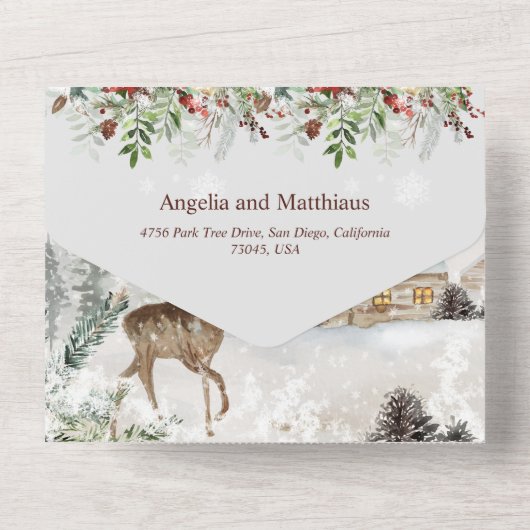 Kerst Wintery groen rood kardinaal bruiloft All In One Uitnodiging (Achterkant)