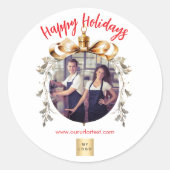 Kerst wit goud bauble team foto logo ronde sticker (Voorkant)