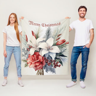 Kerst Wit Rode Bloemen Vakantie Elegant Fleece Deken
