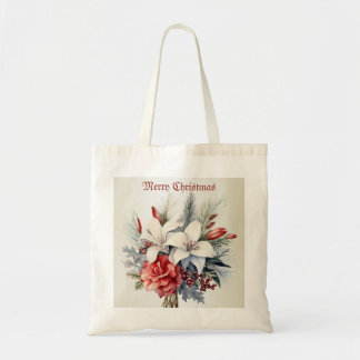 Kerst Wit Rode Bloemen Vakantie Elegant Tote Bag