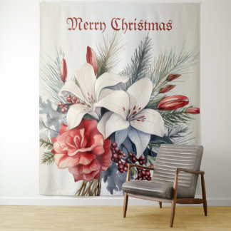 Kerst Wit Rode Bloemen Vakantie Elegant Wandkleed