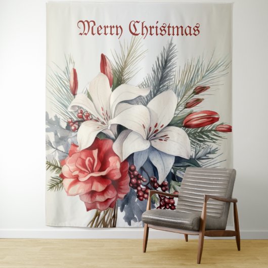 Kerst Wit Rode Bloemen Vakantie Elegant Wandkleed (In situ)