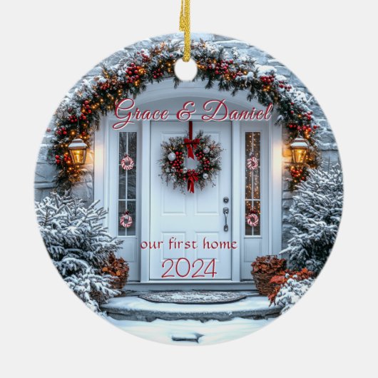 Kerst witte deurkrans "ons eerste thuis" keramisch ornament (Achterkant)