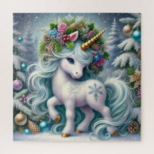 Kerst witte eenhoorn met gouden hoorn legpuzzel