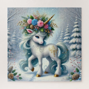 Kerst witte eenhoorn met gouden hoorn legpuzzel
