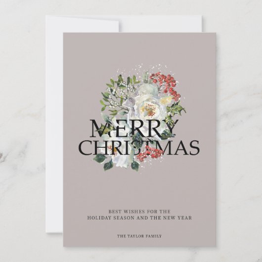 Kerst Witte Rose Bloem Gepersonaliseerd Feestdagenkaart (Voorkant)