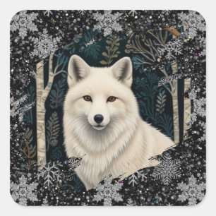 Kerst witte vos witte wolf glinsterende sneeuwvlok vierkante sticker