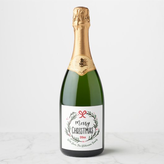 Kerst Xmas Feestdagen Rood en Groen Krans Sparkling Wijnetiket (Voorkant)