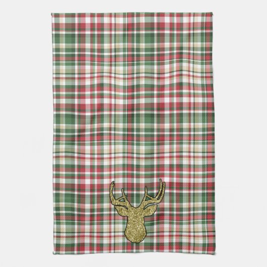Kerst XMAS Plaid Tartan Gouden Herten Handdoek (Verticaal)