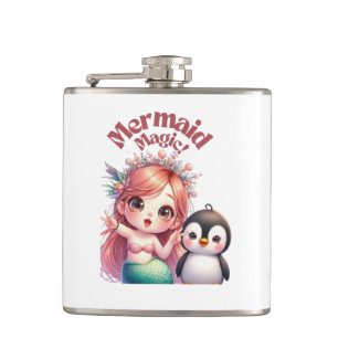 Kerst Zeemeermin Magic Kaart met Pinguïn Fun Heupfles